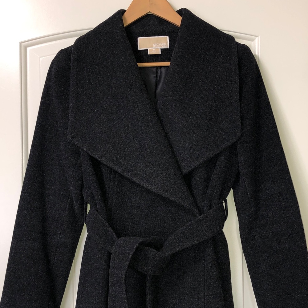 MK Charcoal Grey Wrap Belted Wool  Blend Coat with Wide Collar - S/M